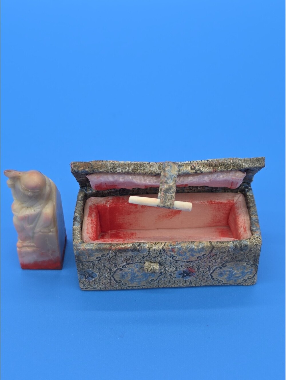 Vintage Chinese Carved Soapstone Name Chop Seal "DON" Figural Top Silk Box 1986